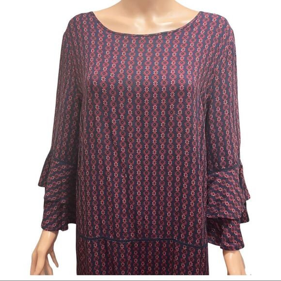 Emberly Red & Blue Print Layered Bell Sleeves Shift Dress Size L - Picture 7 of 16